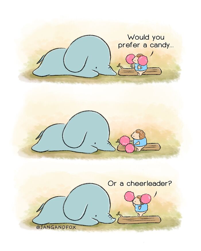 Wholesome comic by Joanne Ang: a small animal with pink pom-poms surprises a lying elephant.