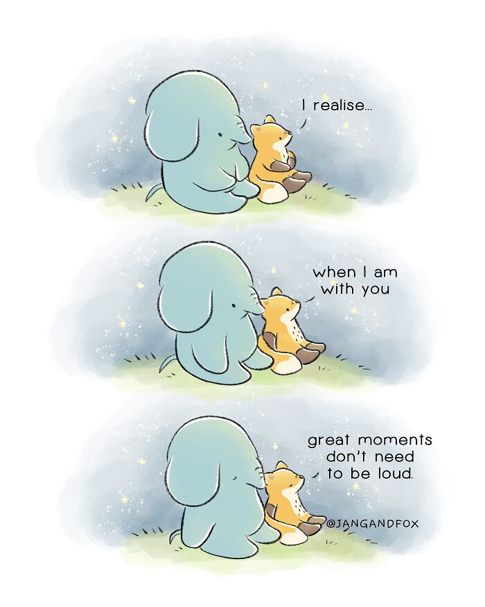 Wholesome comic by Joanne Ang featuring an elephant and fox enjoying a quiet moment under the stars.