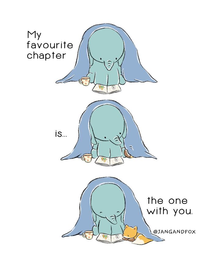 Wholesome comic by Joanne Ang showing a blue elephant reading with a fox under a blanket.