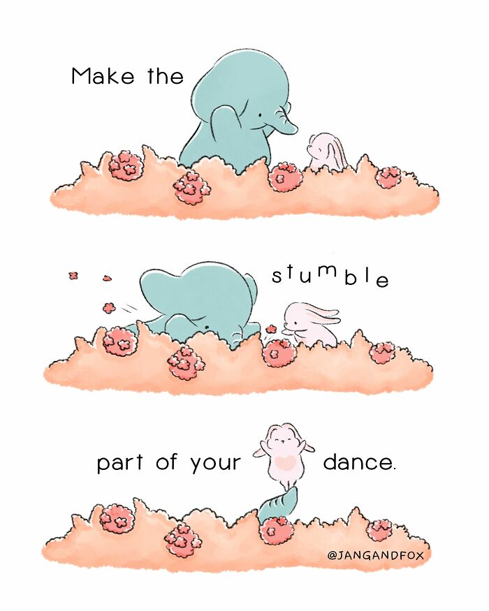 Wholesome comic by Joanne Ang featuring an elephant and rabbit in a field, conveying a message about embracing mistakes.
