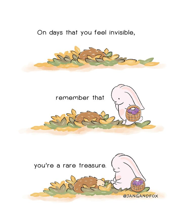 Wholesome comic by Joanne Ang featuring a bunny with a basket reminding a hidden friend they're a rare treasure.