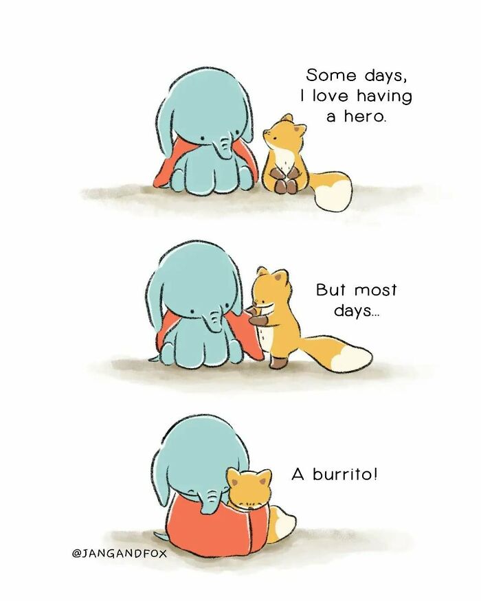 Wholesome comic by Joanne Ang featuring a cute elephant and fox sharing tender thoughts in three panels.