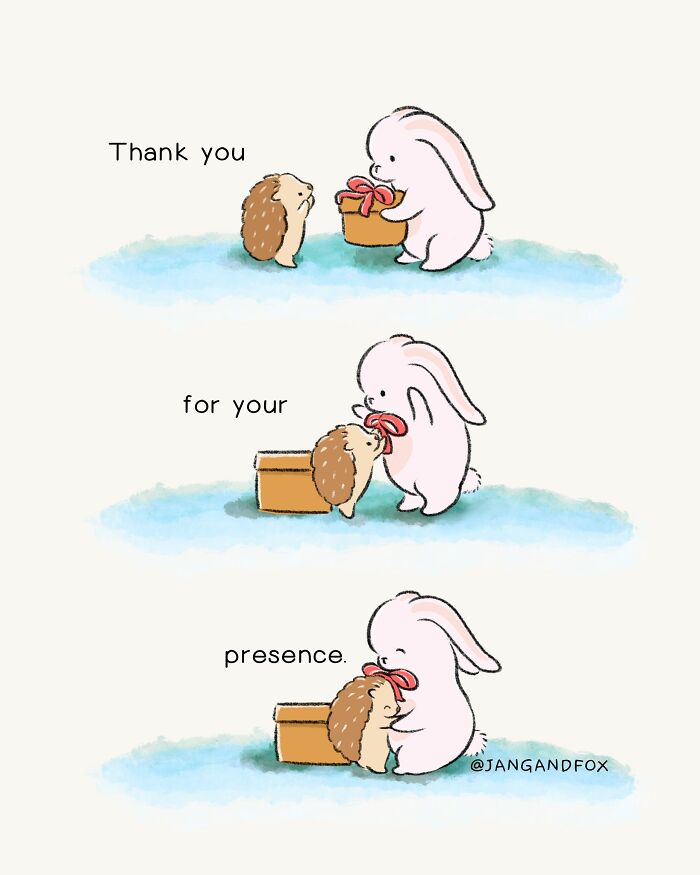 Wholesome comic by Joanne Ang with a rabbit and hedgehog sharing a gift and hug.