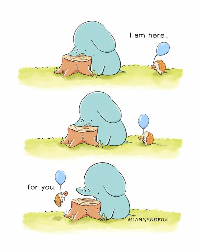 Wholesome comic by Joanne Ang featuring an elephant and hedgehog with a balloon, sharing a tender moment.