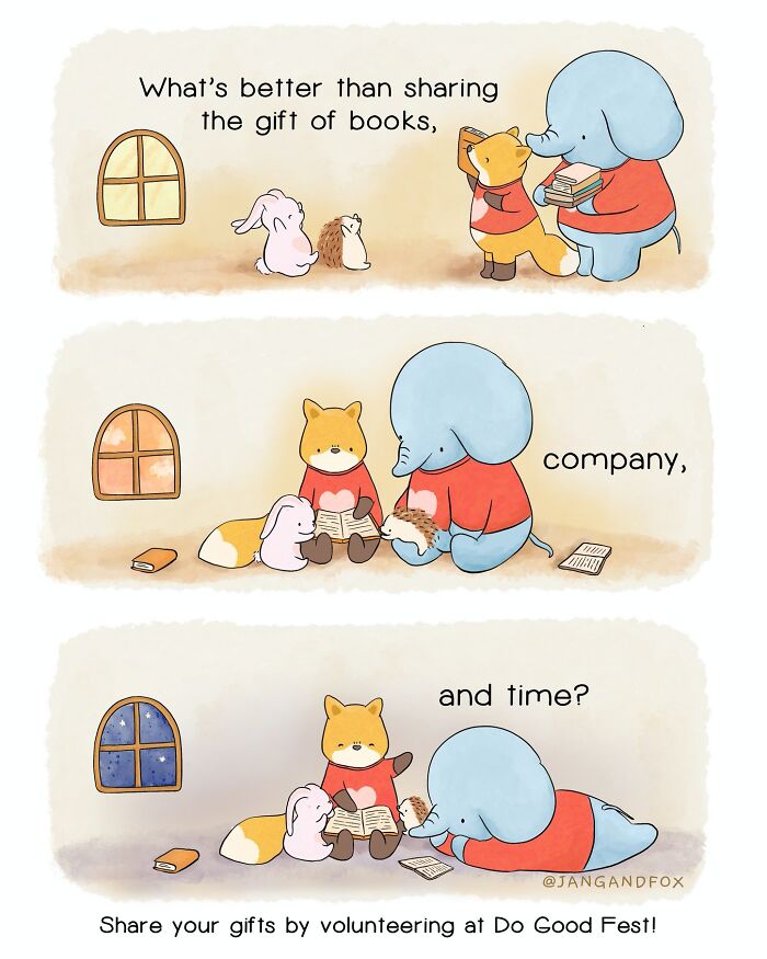Wholesome comic by Joanne Ang featuring animals sharing books, company, and time, encouraging volunteering.