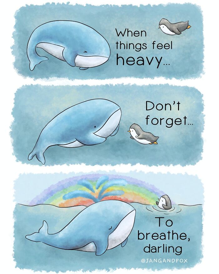 Wholesome comic by Joanne Ang featuring a penguin and whale with a calming message about breathing.