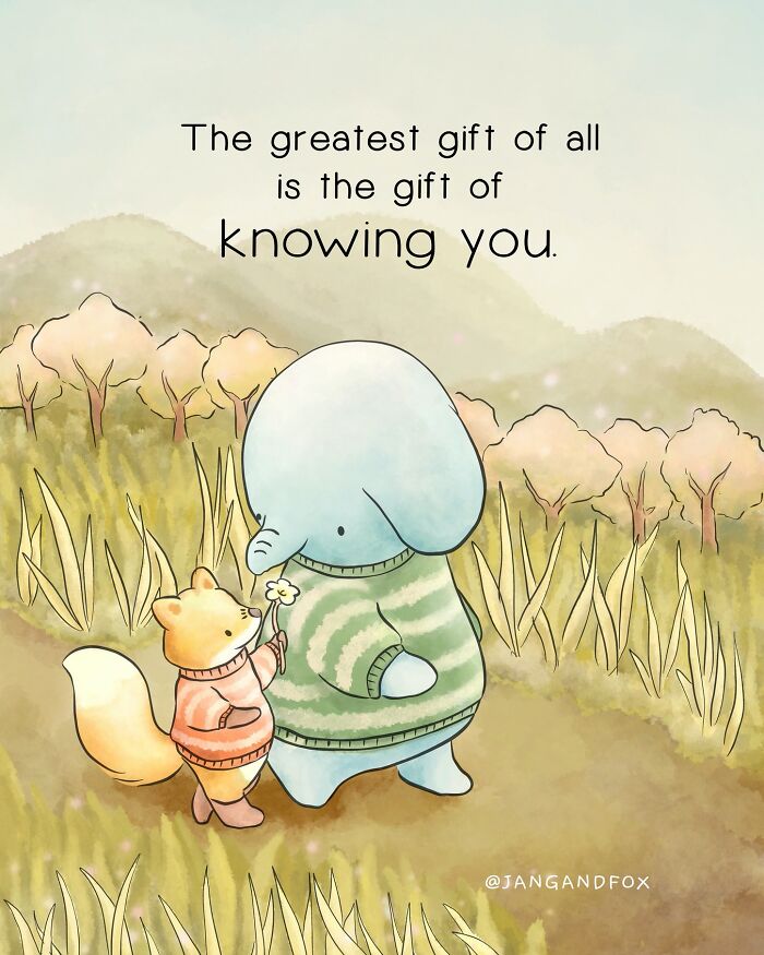 Wholesome comic by Joanne Ang featuring a fox and elephant sharing a tender moment in a field.
