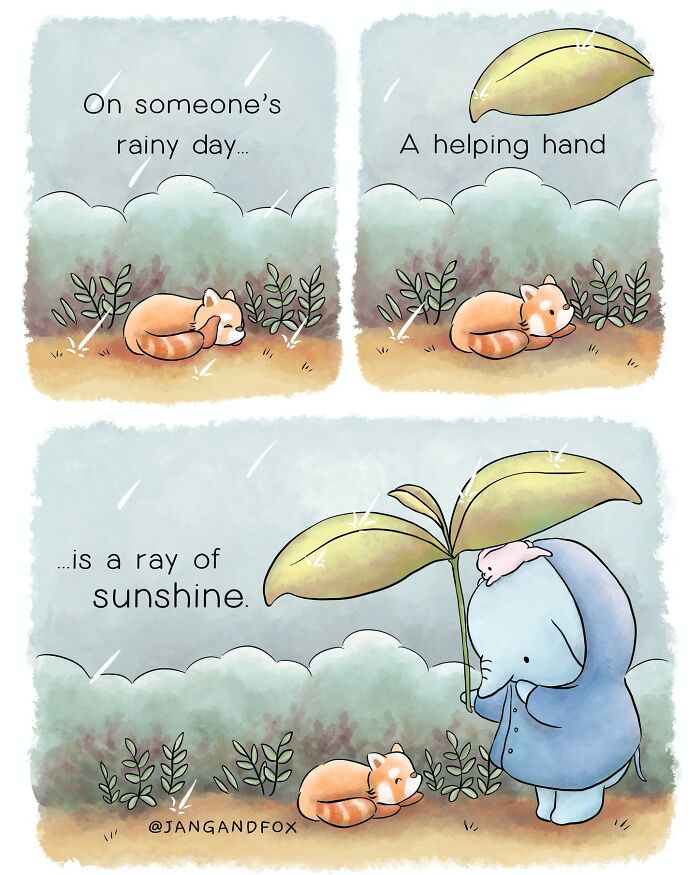 Wholesome comic by Joanne Ang showing an elephant sheltering a sleeping fox with a large leaf during rain.