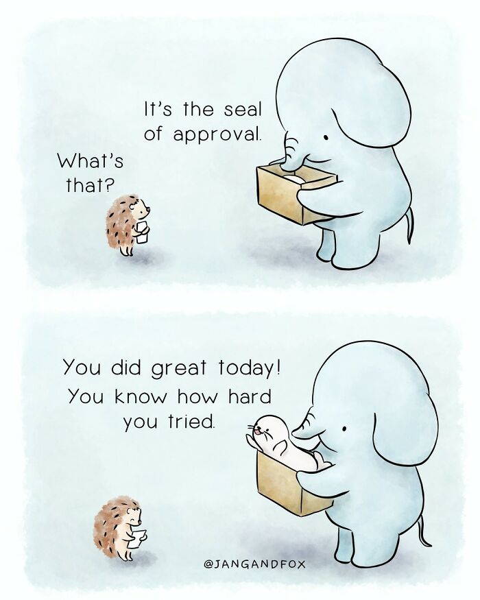 Elephant gives seal of approval to hedgehog, capturing a tender moment in a wholesome comic by Joanne Ang.