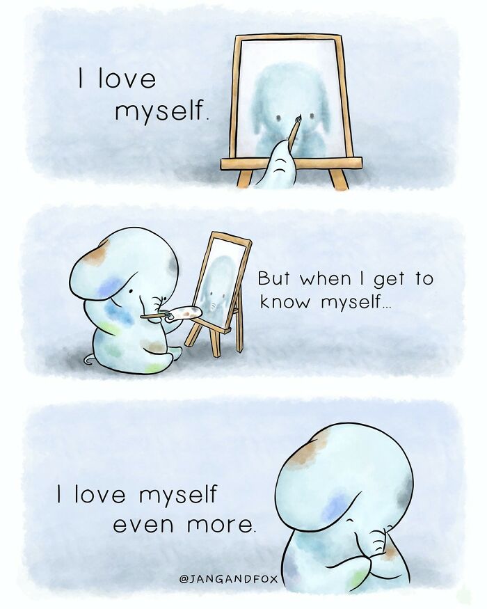 Wholesome comic by Joanne Ang featuring a cute character learning self-love in three panels.