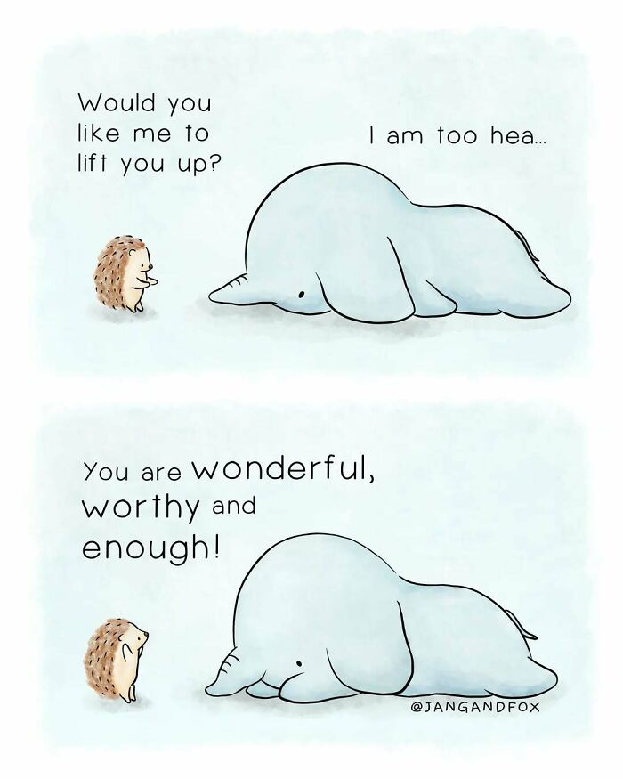 Wholesome comic by Joanne Ang featuring a hedgehog comforting a sad elephant with uplifting words.