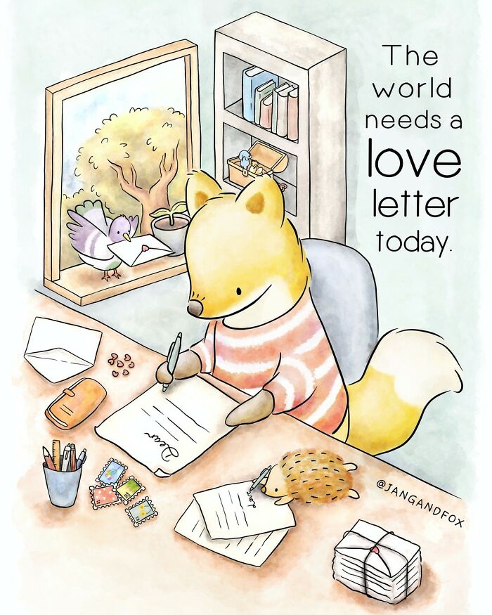 Wholesome comic by Joanne Ang featuring a fox writing a love letter with a bird and hedgehog assisting.