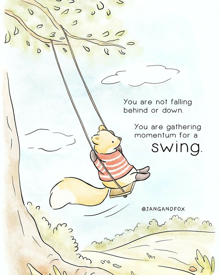 Wholesome comic by Joanne Ang depicting a fox on a swing with an uplifting message about momentum and progress.