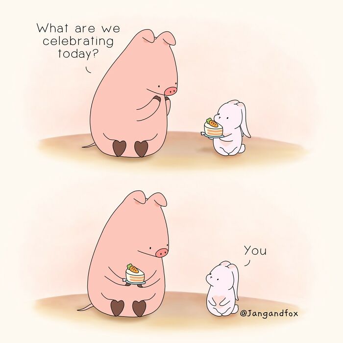 Wholesome comic by Joanne Ang with a pig and bunny sharing cake, celebrating friendship.