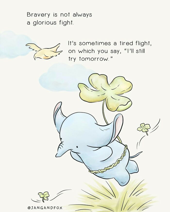 Wholesome comic by Joanne Ang featuring a flying elephant holding a leaf, with a quote about bravery.