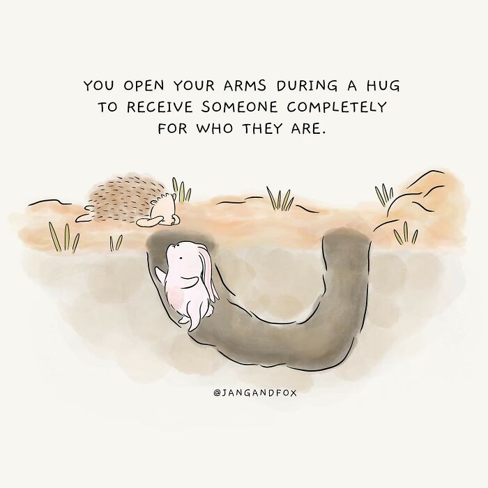 Wholesome comic by Joanne Ang depicting a hug with text about accepting others.