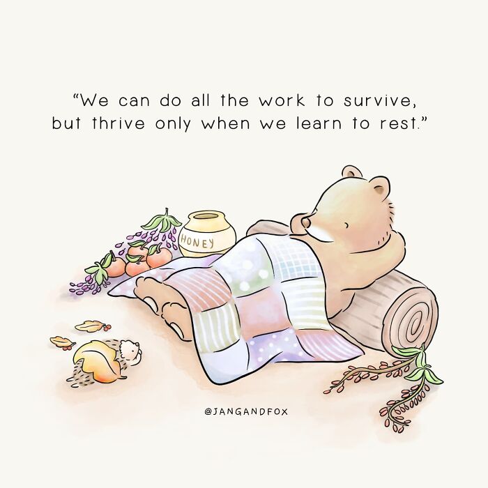 Wholesome comic by Joanne Ang featuring a bear resting with food and a blanket, conveying a message about thriving through rest.
