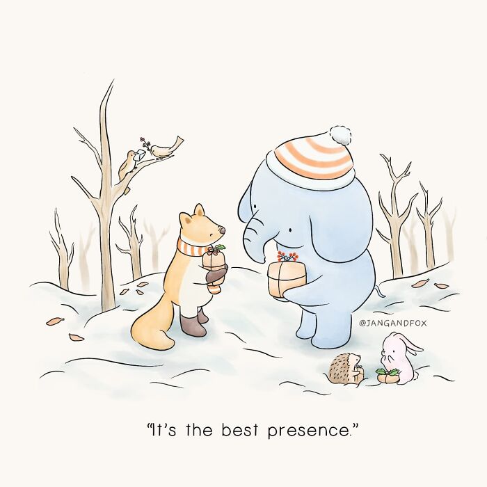 Wholesome comic by Joanne Ang featuring animals exchanging gifts in a snowy forest.