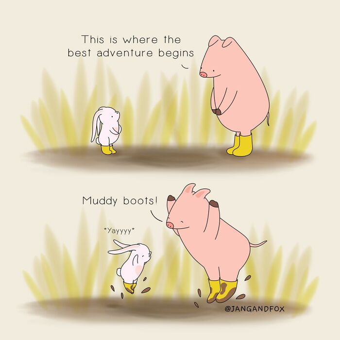 Wholesome comic by Joanne Ang showing a pig and a bunny excitedly jumping in muddy boots.
