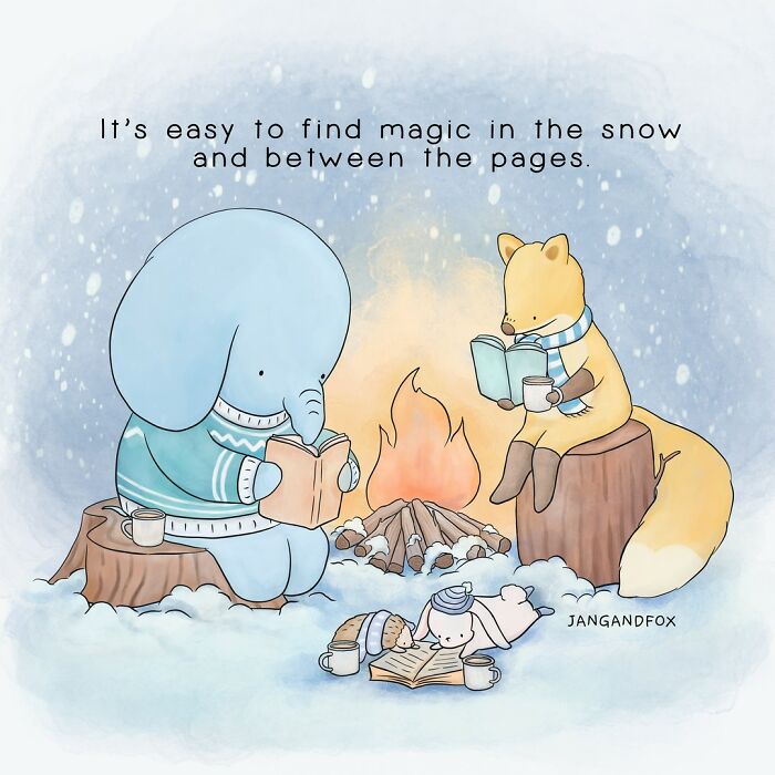 Wholesome comic of an elephant and fox reading by a campfire in the snow, conveying warmth and simplicity.
