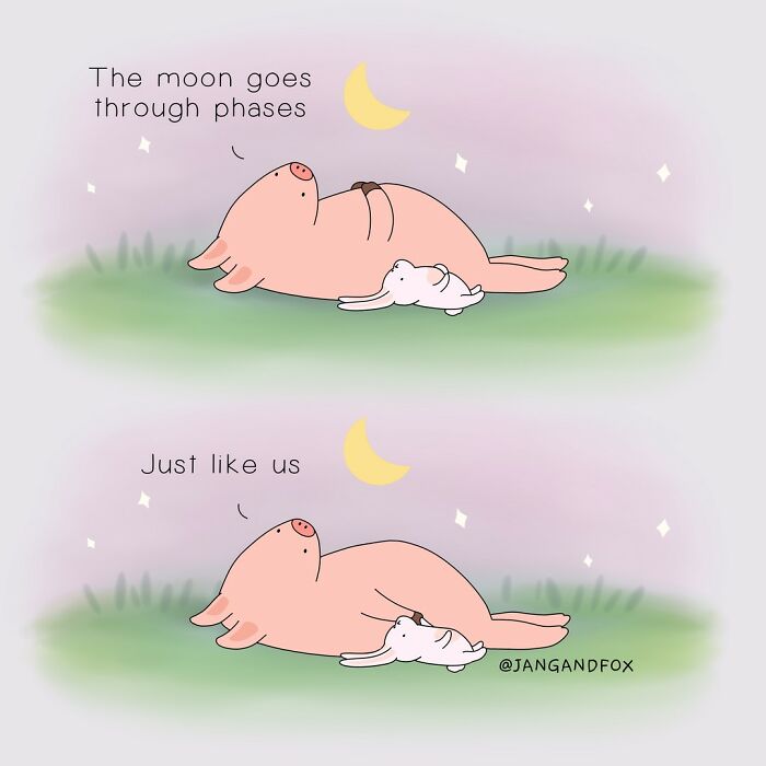 Wholesome comic by Joanne Ang showing a pig and rabbit under moon phases, reflecting on change.