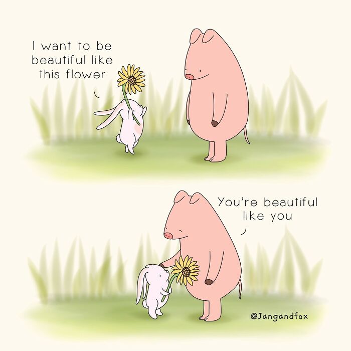 Wholesome comic by Joanne Ang shows a rabbit admiring a flower, and a pig comforting it with kind words.
