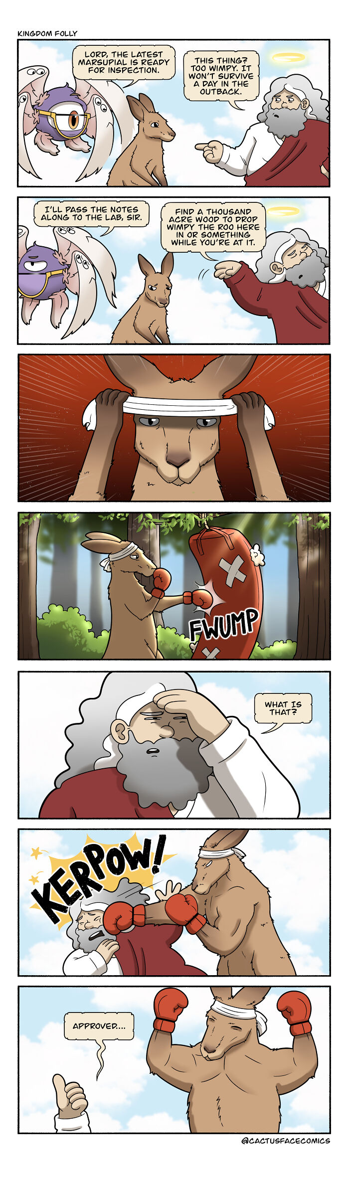 Comic features a humorous version of God evaluating a kangaroo with boxing gloves in absurd situations.