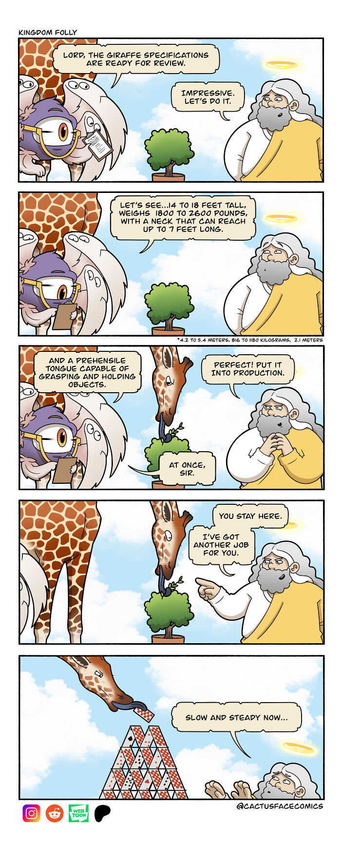 Humorous comic with God reviewing giraffe specs and using its tongue for a task.