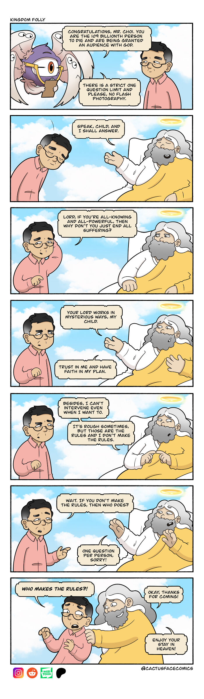 Humorous comic series featuring God in absurd situations, interacting with a man in a pink shirt in a heavenly setting.