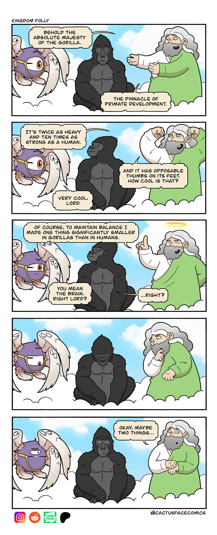 Humorous version of God discussing the strengths and weaknesses of a gorilla in an absurd comic strip scenario.