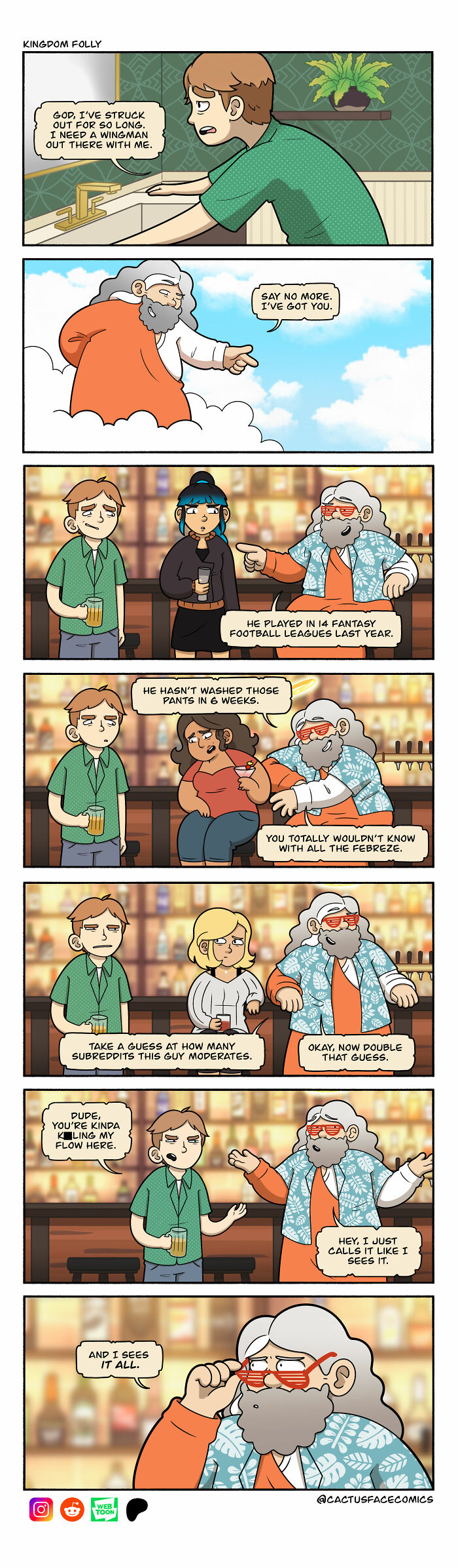 Humorous comic series: a man seeks divine help at a bar, with God humorously critiquing his social skills.
