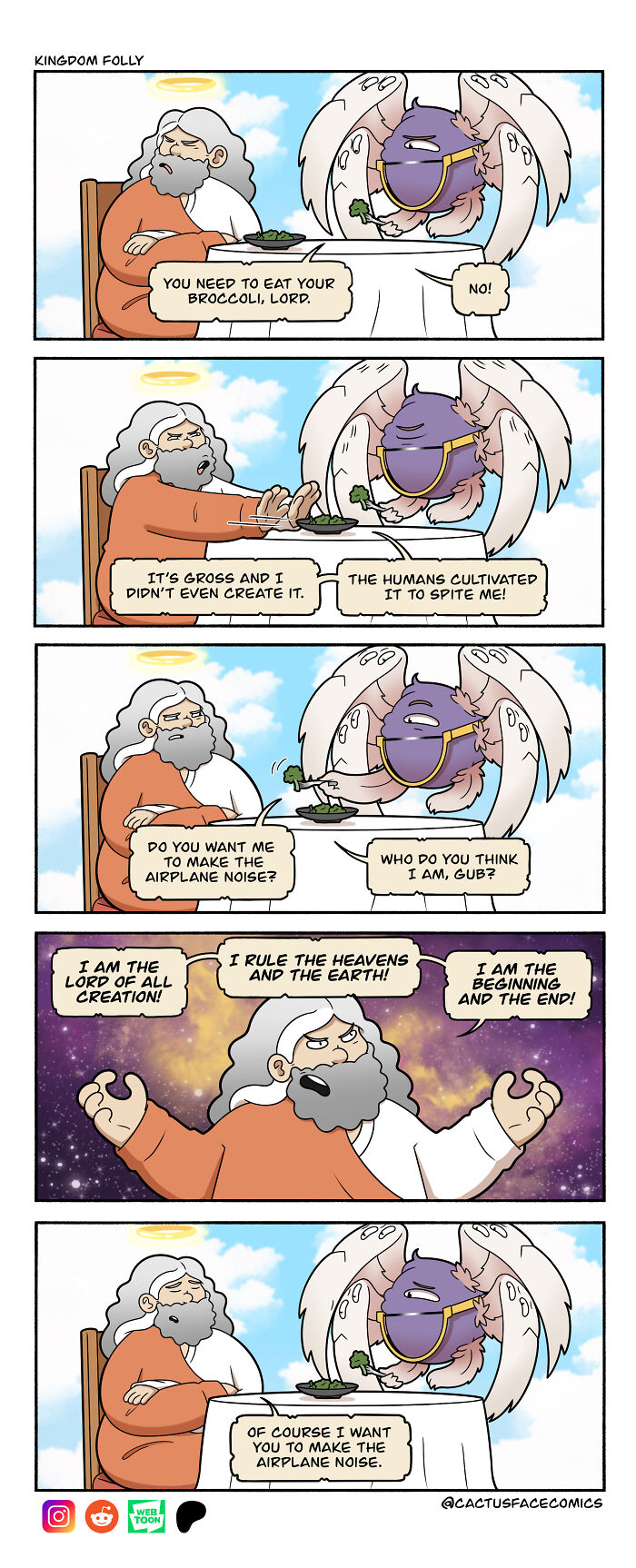 Comic series shows a humorous God refusing to eat broccoli, engaging in a funny dialogue with an angel.
