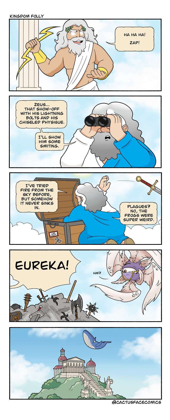 Humorous comic series showing God dealing with absurd situations, like lightning bolts and flying whales.