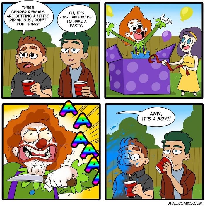 Comic depicting a ridiculous gender reveal party with a clown in a purple box, ending in chaos and humor.