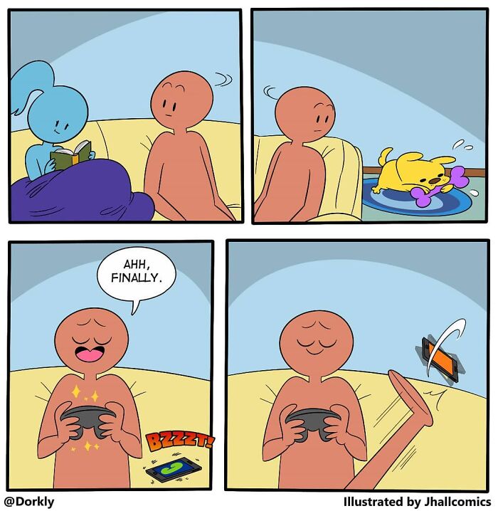 Comic strip depicting humorous life moments, with a relaxed character and a playful dog, highlighting pop culture's absurdity.