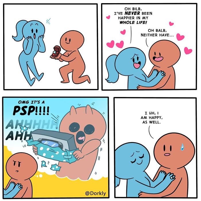 Comic depicting humorous life and pop culture moments with characters exchanging a gift and expressing happiness.