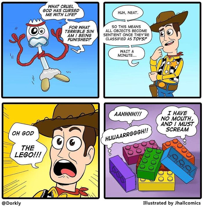 Comic strip showing pop culture parody with characters reacting humorously to sentient Lego pieces.