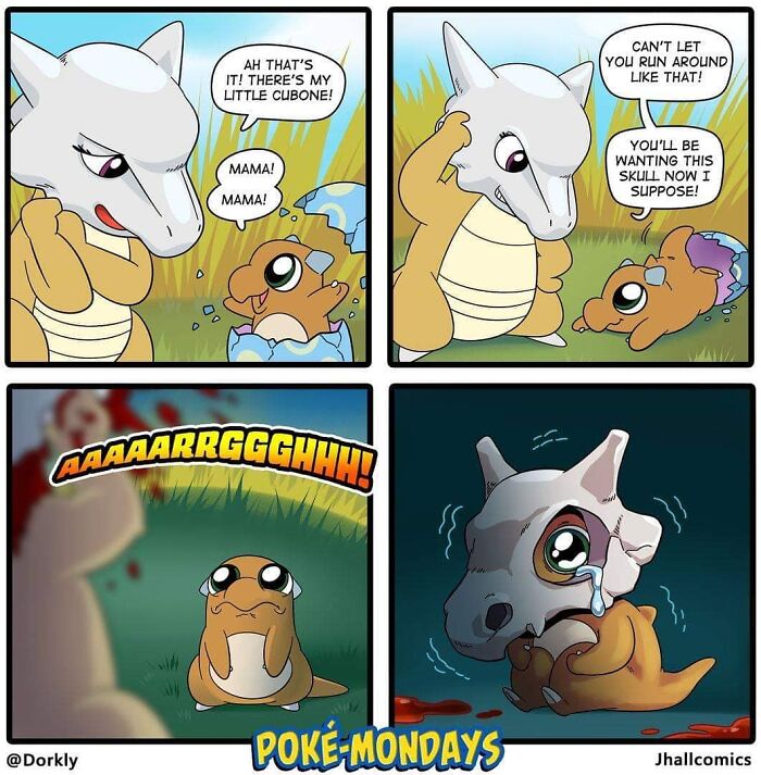 Comic strip featuring a baby Pokémon discovering a skull helmet, showcasing life's and pop culture's absurdity.
