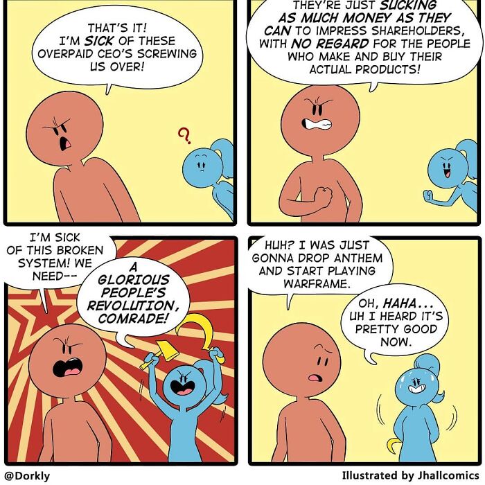 Comic panel humorously critiquing overpaid CEOs and societal systems with pop culture references.