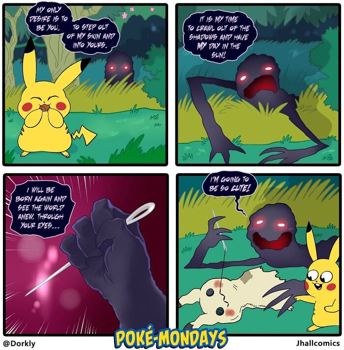 Comic strip showing a pop culture mash-up with a character planning to transform into a cute form.