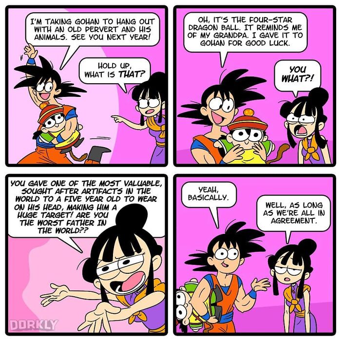 Comic with characters humorously discussing the absurdity of gifting a valuable artifact to a child.