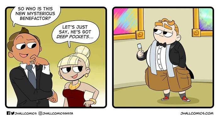 Comic strip illustrating a mysterious benefactor with humorous dialogue, highlighting life's absurdity and pop culture.