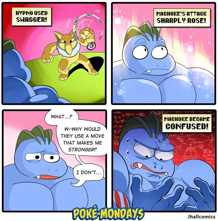 Comic showing a battle between Hypno and Machoke, highlighting the humorous confusion in pop culture scenarios.
