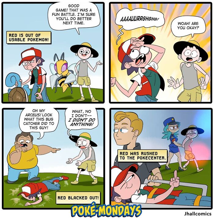 Comic showing a chaotic Pokémon battle and humorous aftermath, highlighting the ridiculosity of pop culture in gaming scenarios.