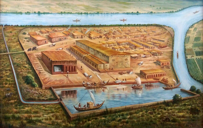 Ancient settlement illustration near a river, showcasing architecture and boats, highlighting weird unsolved mysteries of history.