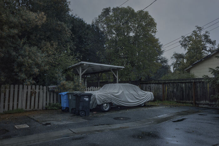 Suburban disconnection captured in a moody scene of a covered car and trash bins beside a wooden fence on a rainy day.