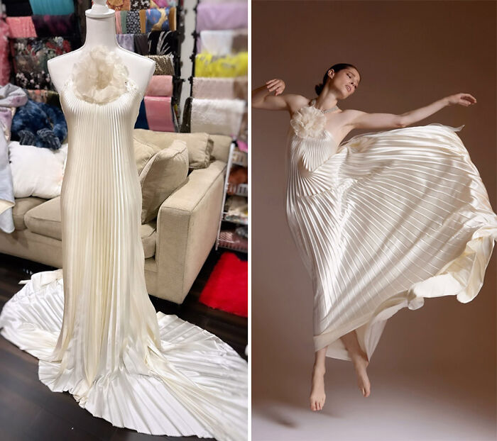 Elegant white dress designed by 8-year-old fashion prodigy; displayed on mannequin and worn in a dynamic pose.