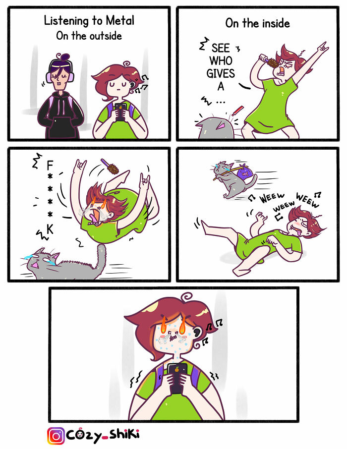 Relatable comic strip shows person calmly listening to metal on phone while internally rocking out.