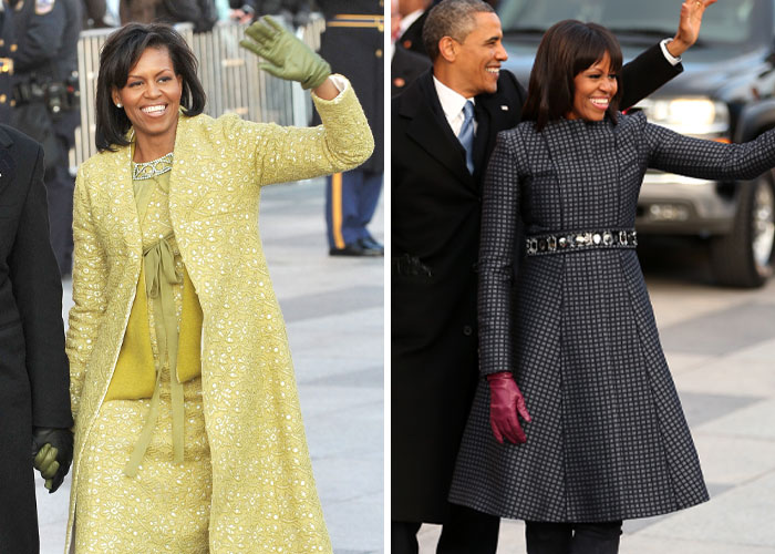 First Ladies' inauguration outfits compared, highlighting distinctive styles in elegant coats and accessories.
