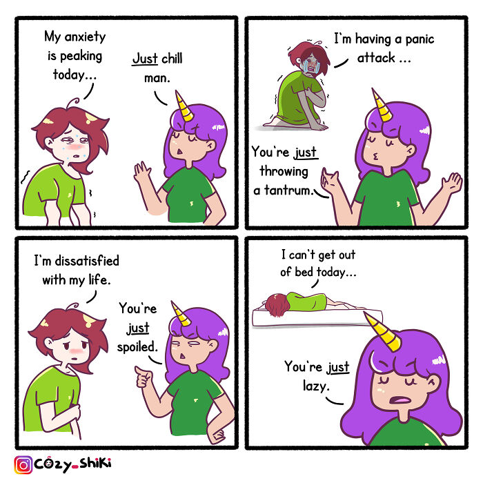 Comic about relatable moments from everyday life, featuring characters discussing anxiety, panic attacks, and dissatisfaction.